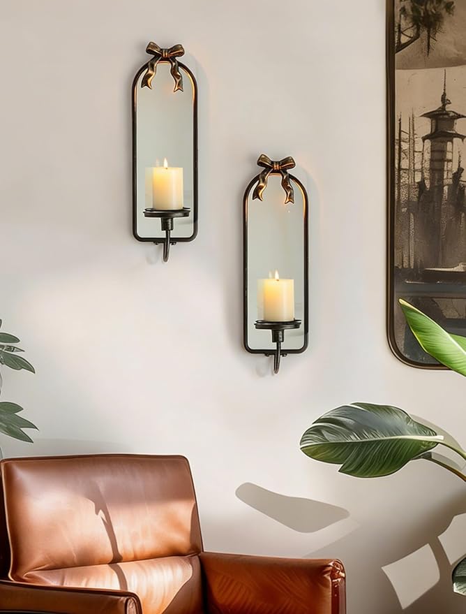 Candle Sconces Black Wall Decor: Set of 2 Metal Wall Candle Holder Decorative for Taper Pillar Candles - Vintage Bow Sconces Art for Fireplace Bathroom Livingroom
