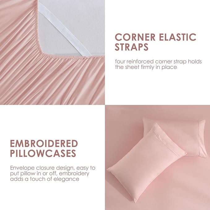 JSD Dusty Pink Twin Sheet Set with Side Pocket Corner Straps, 3 Piece Soft Kids Microfiber Bed Sheets Extra Deep Pocket