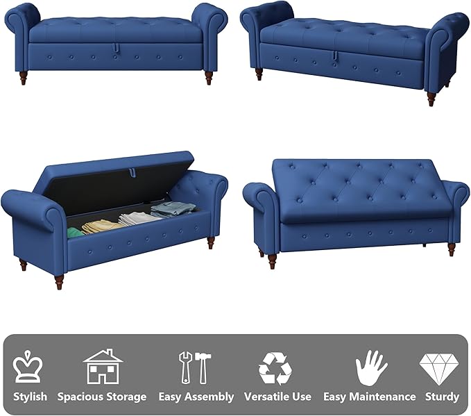 Aoowow Rolled Arm Storage Benches for Bedroom End of Bed Ottoman Bench 63" Long Bench with Storage and Seating for Living Room,Entryway,Window,Button Tufted with Solid Wood Legs (Linen Navy Blue)