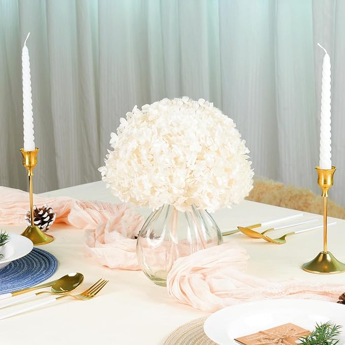 Creamy Ivory Hydrangea Dried Flowers in Glass Vase – Artificial Flowers in Vase for Home Decor, Hydrangeas Centerpiece for Dining Table, Coffee Table, Bathroom, Shelf & Bedroom –Floral Arrangements