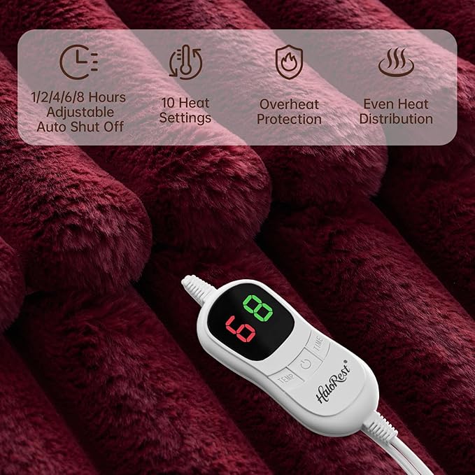 Heated Throw Blanket, Faux Fur Cozy Heating Blanket with Overheat Protection, 1/2/4/6/8 Hours Auto-Off 10 Heat Level, Machine Washable (62x84 Inches, Red)