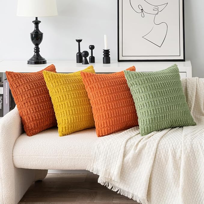 MIULEE Pack of 4 Spring Summer Western Boho Corduroy Decorative Throw Pillow Covers 18x18 Inch Modern Accent Soft Striped Pillow Covers Home Decor for Sofa Living Room Couch Bed Orange Green
