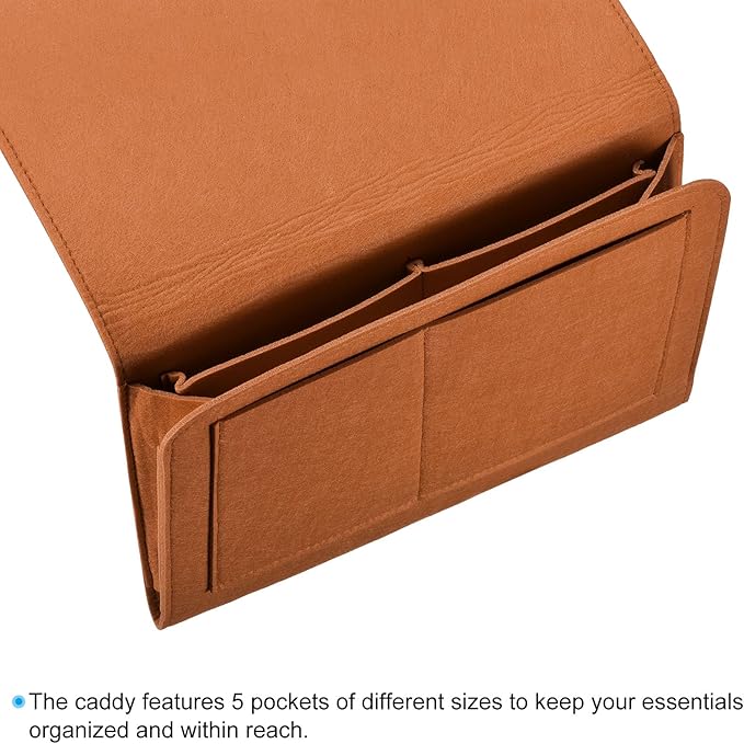 PATIKIL 13in Bedside Caddy, Bed Caddy Bedside Organizer Hanging Soft Felt 5 Pockets Bed Pockets Bedside Storage Organizer Remote Control Holder for Bedroom Phones Glasses, Brown