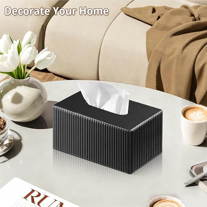 PUSU Plus Rectangular PU Leather Tissue Box Cover with Buckle Bottom - Modern Facial Tissue Dispenser Holder for Bathroom Vanity, Bedside Table, Bedroom, Office & Home Decor