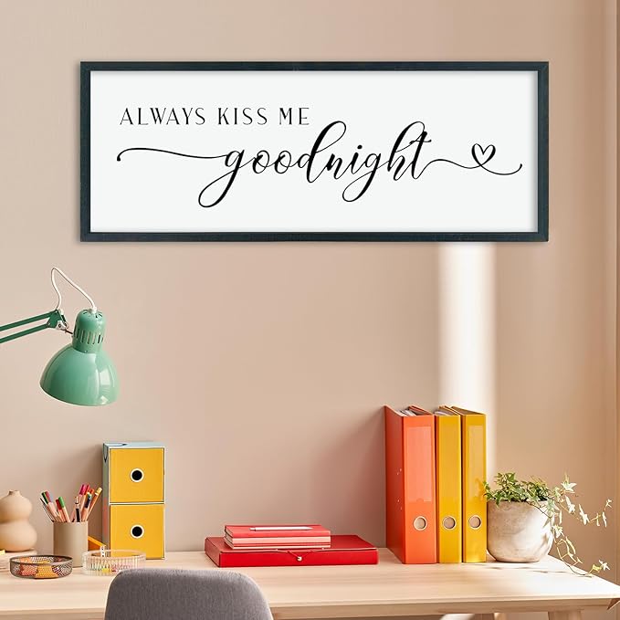 comurdyo Romantic Couple Always Kiss Me Goodnight Sign 40"×15" for Large Modern Rustic Love Theme Master Bedroom Above bed Wood Frame Horizontal Hanging Wall Art Decor (Black)
