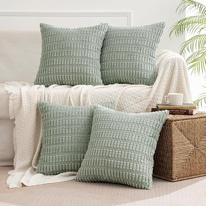 MIULEE Pack of 4 Greyish Green Corduroy Decorative Throw Pillow Covers 18x18 Inch Soft Boho Striped Pillow Covers Modern Farmhouse Home Decor for Sofa Living Room Couch Bed