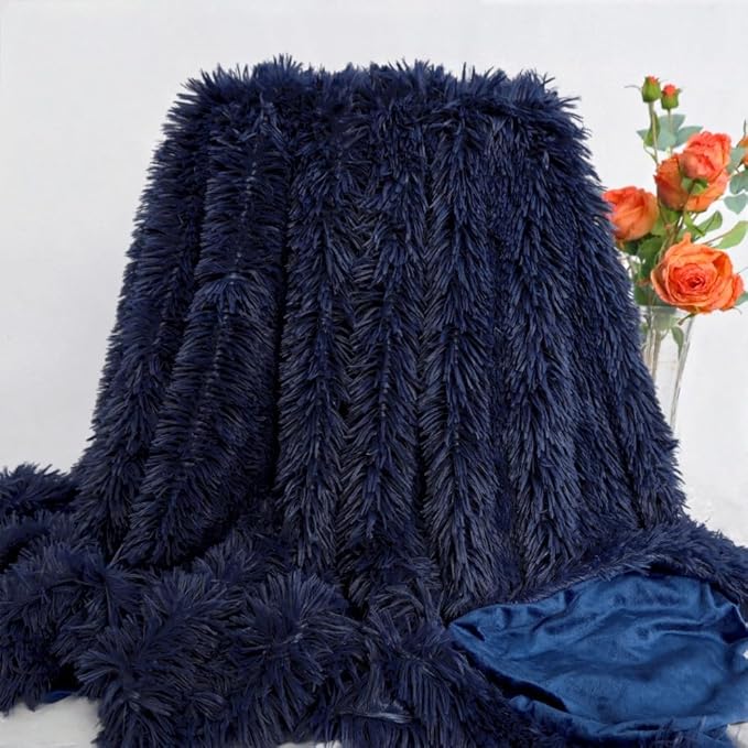 Ultra Soft Plush Blanket – Luxurious Furry Throw for Bed, Sofa, or Couch – Cozy & Warm Fuzzy Fur Design – Perfect for Relaxing – Navy Blue (51x63 Inches)
