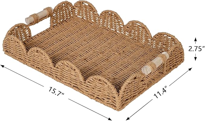 CubesLand Rectangle Scalloped Decorative Centerpiece Tray for Coffee Table, Home Decor, Living Room - Neutral Tray w/Wooden Handle – Warm and Elegant for Holidays, Housewarmings - Candle Plate Holder