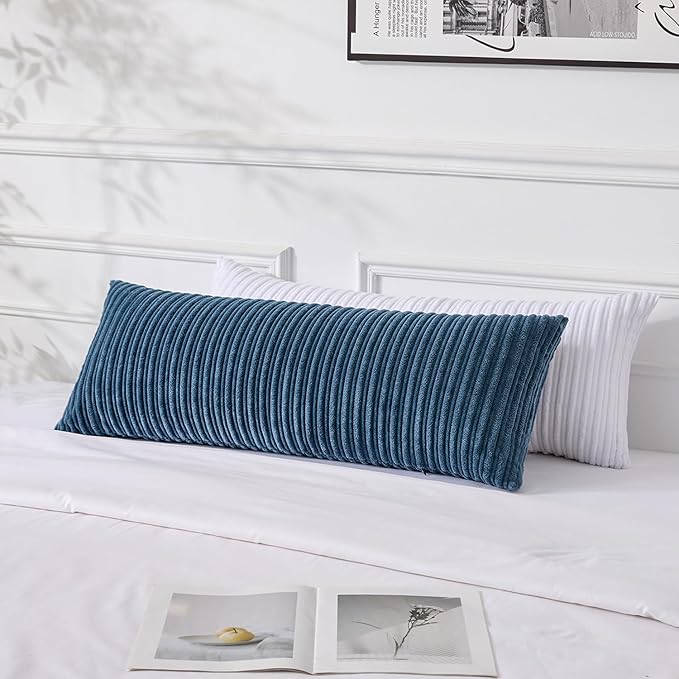 UGASA 14x36 Inch Pillow Cover Pack of 1 Soft Boho Stripe Corduroy Large Long Rectangular Lumbar Cushion Cover Farmhouse Decorative Throw Pillowcase for Bed Couch Sofa Bedroom Living Room, Dusty Blue