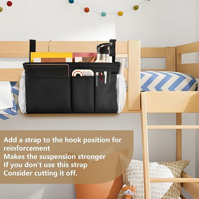 DOMIKING Black Bedside Caddy for Dorm Bed Recliner Armrest Organizer with Hooks Haning Holder for Bunk Bed Headboards Rails