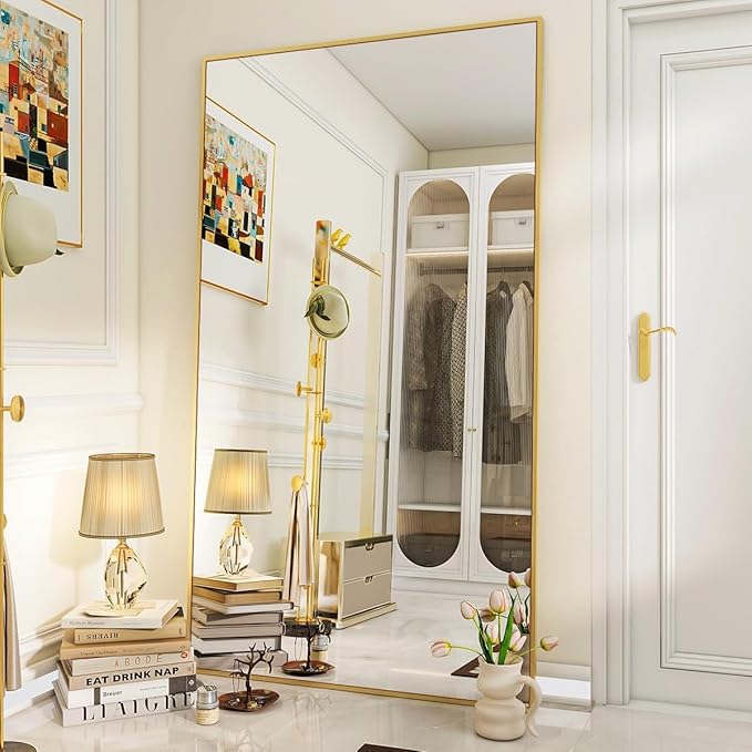 VooBang Large Full Length Mirror 78" x 35" - Shatterproof Floor Full Body Mirror with Aluminum Alloy Frame, Freestanding, Hanging, or Wall-Leaning, for Bedroom, Living Room, Dressing Room, Gold