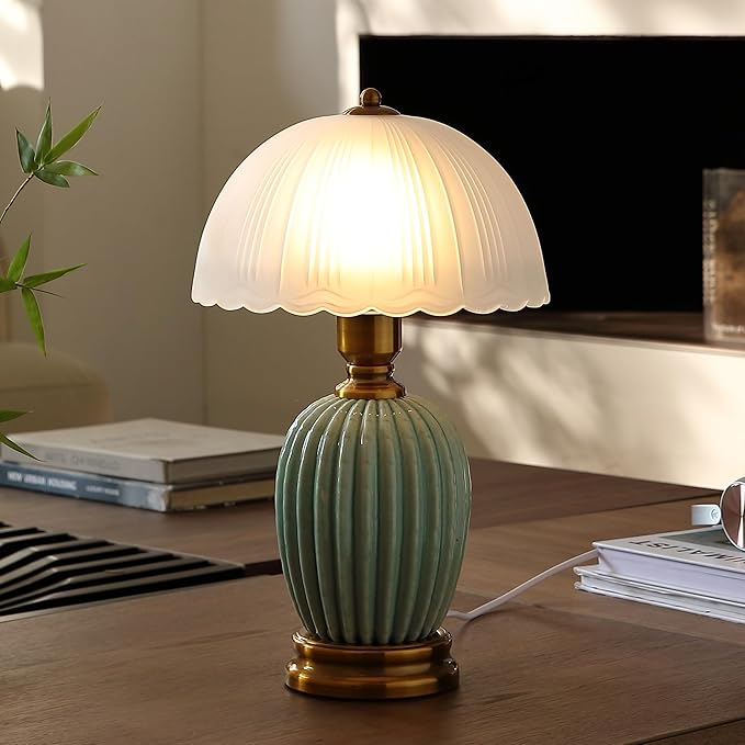 Vintage Table Lamp for Living Room,16" Mid Century Modern Ceramic Lamps for Bedroom,Retro Bedside Nightstand Mushroom Glass Lamps, Classic Chinoiserie Green Lamp for Home Decor (LD003)