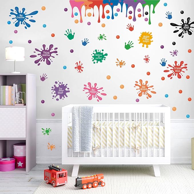 HLNIUC Large Size Inspirational Wall Decals 46PCS Positive Affirmation Ink Splatter Splotches Wall Sticker Growth Mindset Wall Decal Motivational Saying Peel and Stick Wall Stickers for Kid Playroom