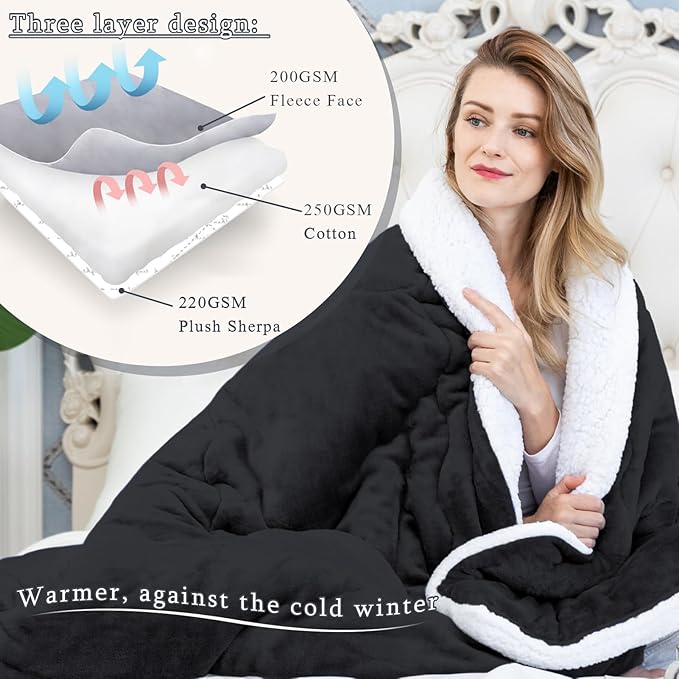 CHOSHOME Sherpa Fleece Blanket- Thick Warm Blanket for Winter, Soft Fuzzy Plush Blanket for Bed, Couch, Travel (Black, Cal King 96" x 102")
