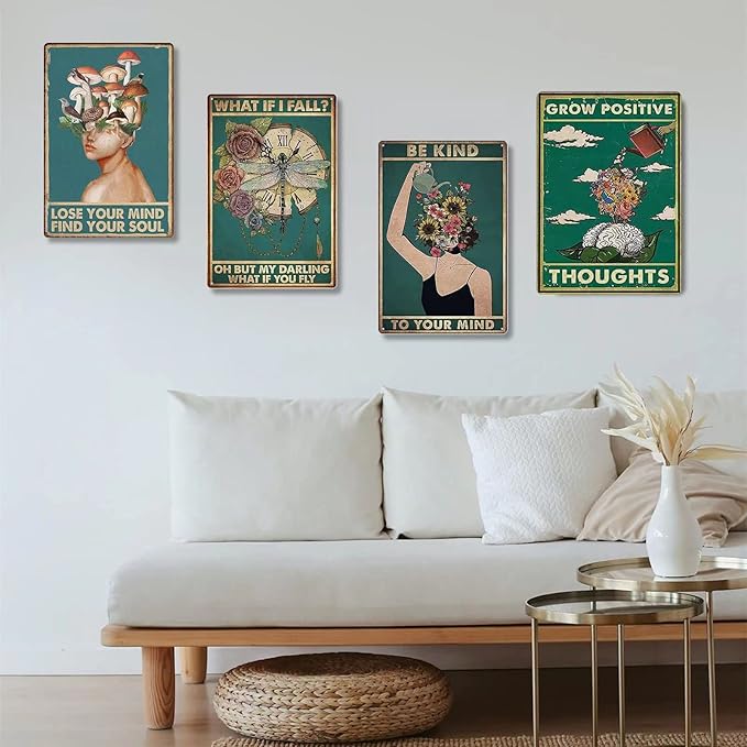 Fmcmly Grow Positive Thoughts Vintage Tin Signs Hippie Boho Wall Art Flower Head Girl Poster Boys' room decoration Home Kitchen Office Bedroom Classroom Cafes Bar Wall Decor 8x12 Inch