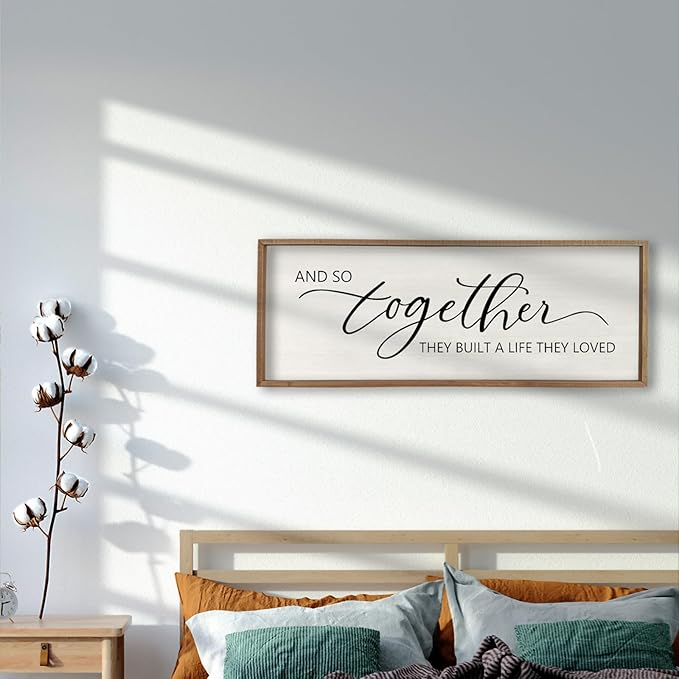 comurdyo And So Together They Built A Life They Loved Sign 32”X12” Master Bedroom Above Bed Wall Decor Large Framed Wood Farmhouse for Over Bed Bedside Wall Art for Love Sign Decor (Wood)