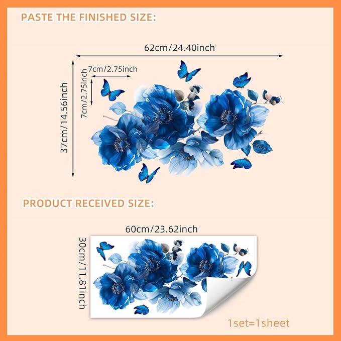 Blue Flower Wall Decals Peel and Stick Peony Floral Wall Sticker Decor Removable Peonies Bouquet Wall Murals with Butterflies for Girls Bedroom Living Room Bathroom Hallway Door Office Kids Nursery