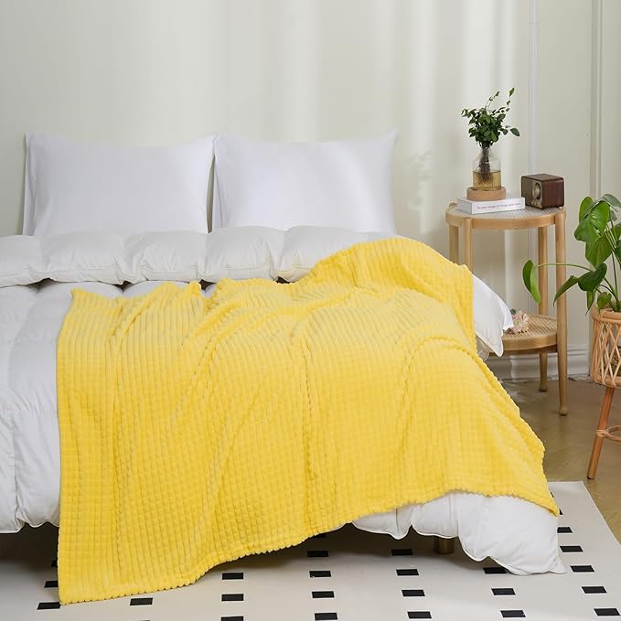 Puncuntex Yellow Throw Blanket 50"×60",Super Soft Flannel Fleece Plush Cozy Blanket with 3D Jacquard Square Grid Design Luxury for Couch Sofa Chair