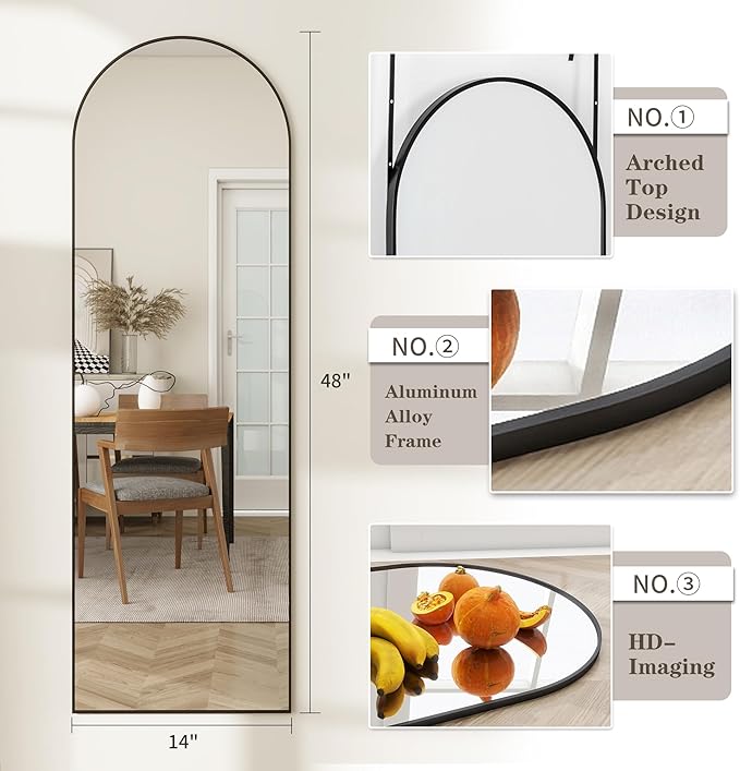 Arched Full Length Door Mirror 14x48, Metal Frame with Protective Film, No-Drilling Hanging or Wall Mount, Hooks & Hardware Included, Full Body Mirror for Bedroom, Dorm, Black