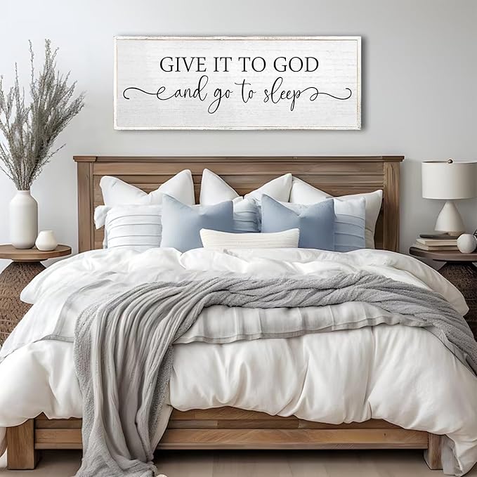 Give It To God And Go To Sleep Wall Decor Sign 40"X15" Master Bedroom Above Bed Wood Framed Large Farmhouse Rustic Over Bed Wall Art Hanging Decoration (White)