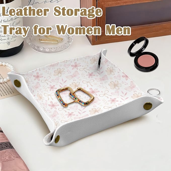 Pink Coquette Bow Floral Leather Jewelry Valet Tray, Preppy Bow Flower PU Leather Catchall Beside Caddy Nightstand Organizer Tray for Jewelry Rings Watches Keys and Accessories, 7.8x7.8inch