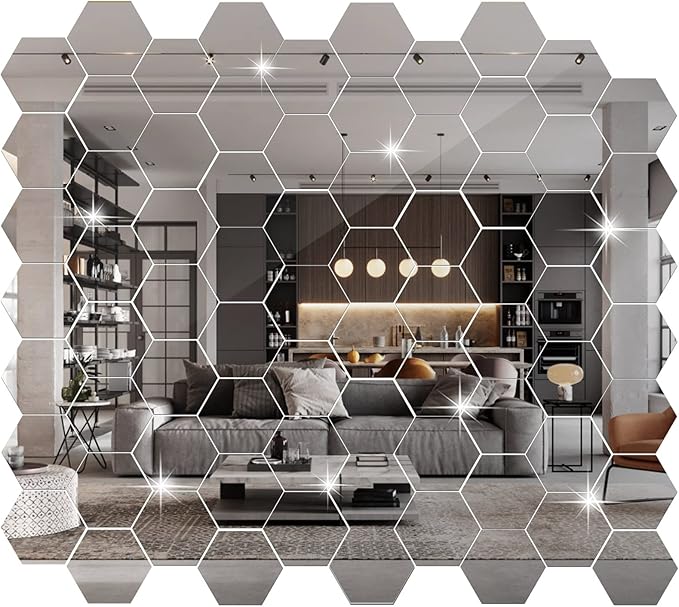 Maitys 72 Pcs Hexagon Mirror Wall Stickers Decal Removable Acrylic Mirror Sticky Decor for Bedroom Living Room Home Decor DIY, Silver(3.94 x 3.43 x 1.97 Inch)