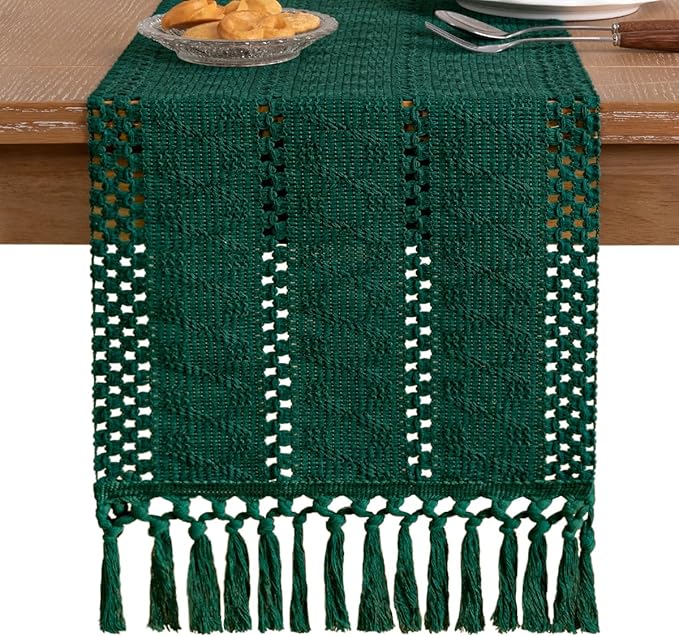 Socomi Boho Table Runner Easter Spring Farmhouse Rustic Dining Kitchen Centerpiece Decor Small Macrame Woven Cotton Linen Coffee Table Runner for Dresser Scarf Home Decor 12x48 inch Emerald Green