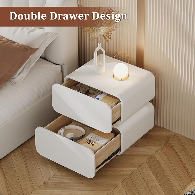 Nightstand with 2 Drawer, Bedside Table with Microfibre Leather, Fashion Night Stand for Bedroom, No Assembly Required (White, 2 Drawers Square)