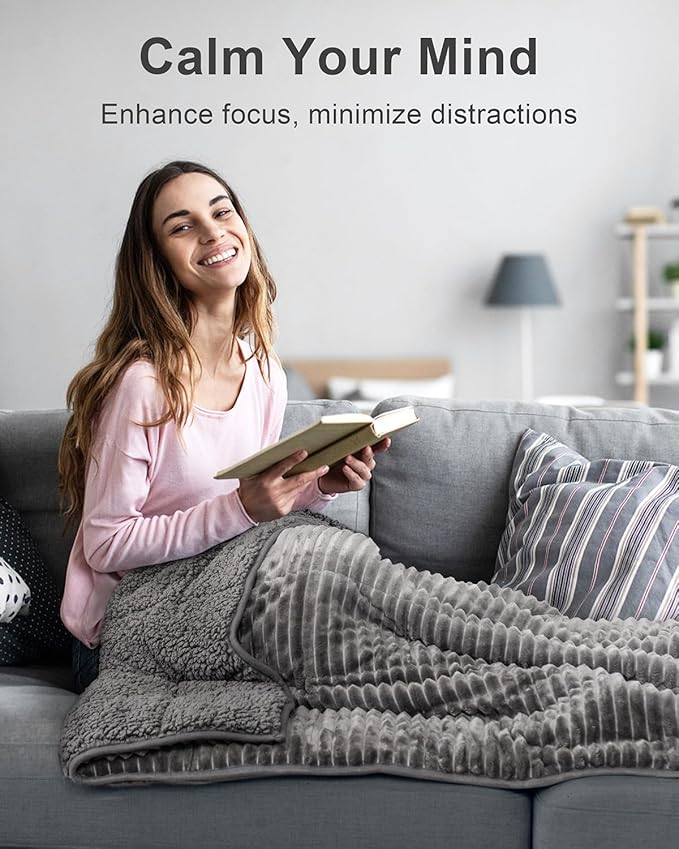 Sherpa Fleece Adult Weighted Blanket with Ribbed Stripes, 15 Pounds Dual Sided Soft Plush Blanket for Couch Bed Sofa, Heavy Thick Blankets with Ceramic Beads Great for Sleep, Grey, 48" x 72"