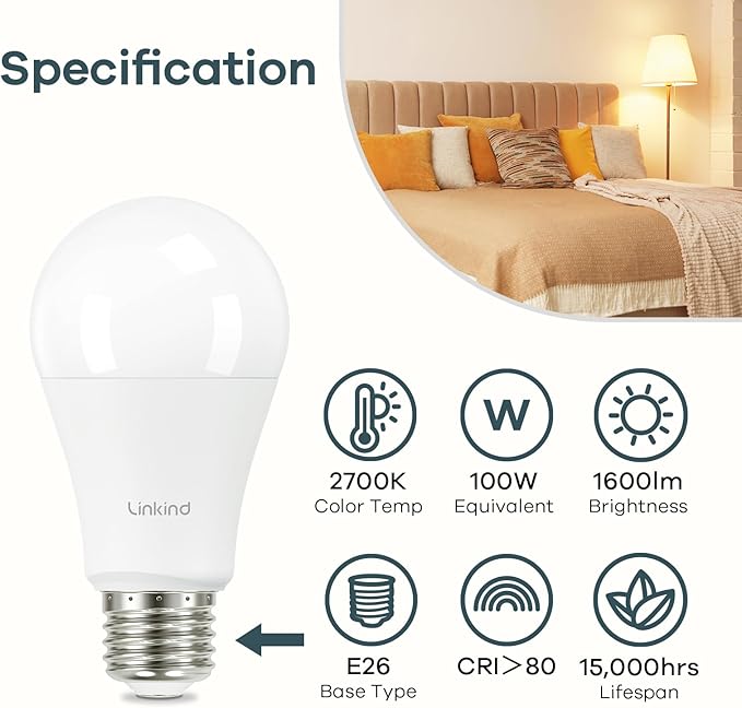 Linkind A19 LED Light Bulb, 100W Equivalent Light Bulbs, 14W 2700K Soft White, 1600 Lumens Non-Dimmable LED Bulb, E26 Standard Base Bulbs for Home Kitchen Bedroom Living Room, UL Listed, 6-Pack