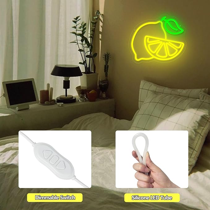 Lemon Neon Sign for Wall Decor, Dimmable Yellow Lemons Neon Lights, Vibrant Fruit Themed Neon LED Signs for Kids Room, Bedroom, Restaurant, Bar, Club, Fruit Shop, Birthday Party