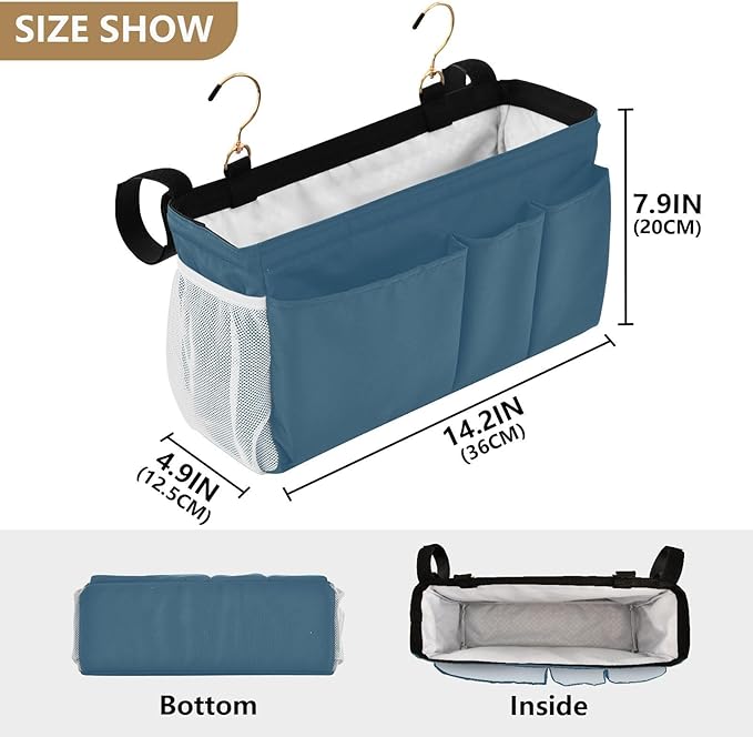 DOMIKING Caribbean Blue Bedside Caddy for Dorm Bed Recliner Armrest Organizer with Hooks Haning Storage Pockets for Bunk Bed Headboards Rails