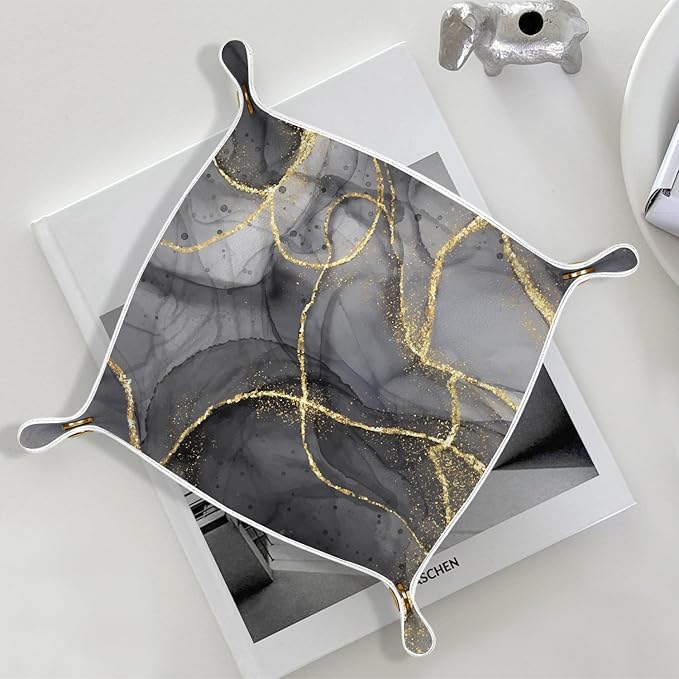 Marble Jewelry Valet Tray for Women Men, Black and Gold Marble PU Leather Catchall Beside Caddy Nightstand Organizer Tray for Jewelry Rings Watches Keys and Accessories, 7.87x7.87in