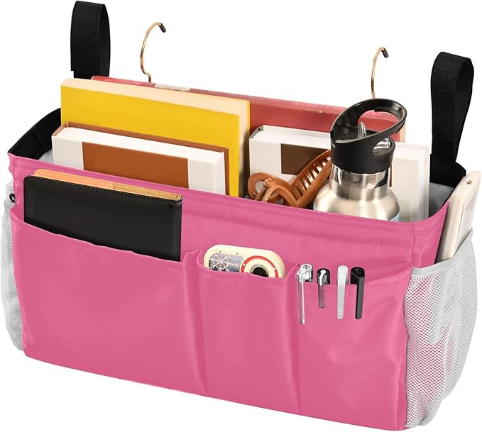 DOMIKING Neon Pink Bedside Caddy for Dorm Bed Recliner Armrest Organizer with Hooks Haning Storage Bag for Couch Recliner Remote Control