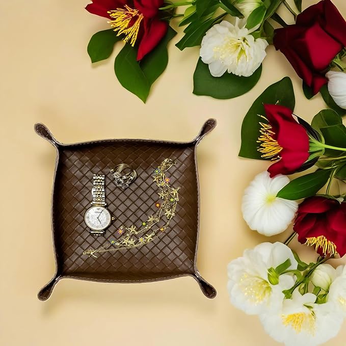 UnionBasic Small Valet Tray, Jewelry Tray for Rings Watches Earrings, Entryway Catchall Caddy for Coins Keys Change, Nightstand Bedside Valet Holder, Trays for Electronic Gadgets, Woven Coffee
