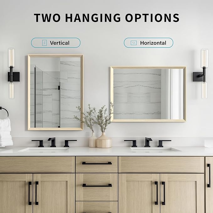 Oak Wood Effect Framed Wall Mirror, 30x48 Rectangle Mirror, Anti-desilvering Tempered Glass, Sustainable&Sturdy Frame, Anti-Rust, HD Reflection &3min Fast Setup for Bathroom Living Room