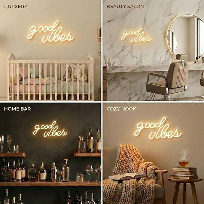 DECANIT Good Vibes Neon Sign Warm White, Boho LED Light for Wall Decor, Living Room, Wedding, Engagement Party, USB Powered 3D Art Holiday Gift, 16.1x8.3 Inch