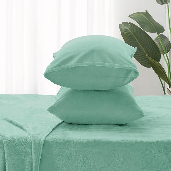 BEDELITE Flannel Sheets King Size Haze Blue - Super Soft Fleece Sheets Set Fluffy Extra Plush, 4 Piece(Include Fitted Sheet, Flat Sheet, 2 Pillowcases)