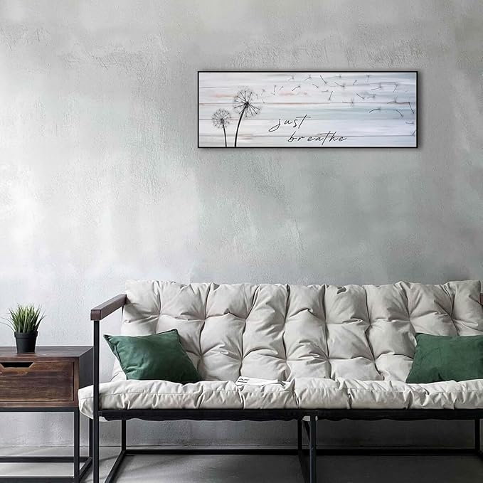 Modern Farmhouse Wall Decor Just Breathe Dandelion Canvas Art Prints Above Bed Bedroom Farmhouse Decor Vintage Bathroom Office(Black Wooden Frame) 43x15inch