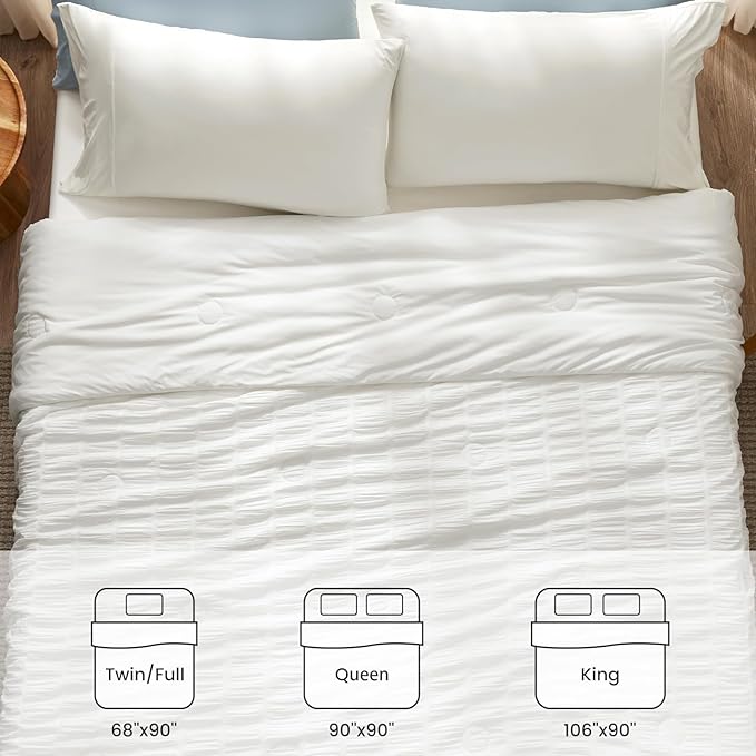 Cozy Bliss Vertical Striped Seersucker Cooling Comforter Queen Size, Lightweight Airflow Silky Cooling Bedding with Q-Max>0.45 for Bedroom, Home Decor, Hot Sleepers & Night Sweats, White 90"x90"