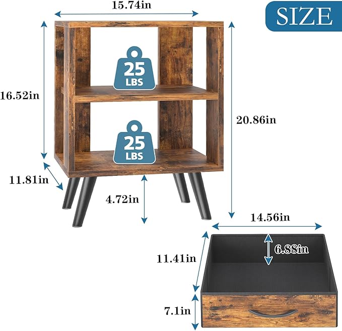 Night Stand, Brown Nightstand with Drawer, Side Table with Open Storage, 2-Tier Modern End Table, Bedside Table for Small Space, Living Room, Bedroom