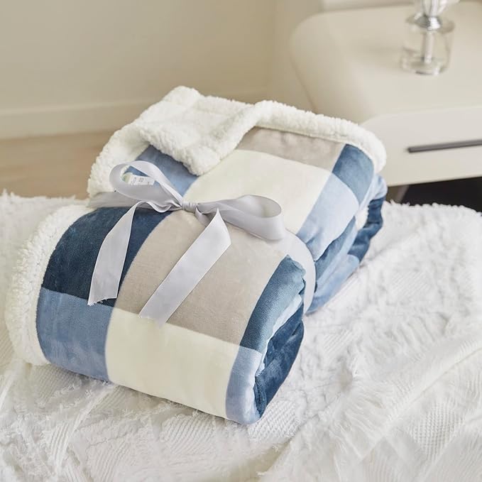 Sherpa Fleece Throw Blanket for Couch, Fluffy Plush Warm Fuzzy Blanket for Women and Men, Cozy Thick Soft Twin Blanket for Bed, Gray-Soft Blue, 80x90 Inches