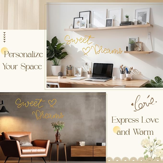 Yousoontic Sweet Dreams Wall Decor Above Bed Minimalist Metal Bedroom Wall Art Modern Sweet Dreams Decorative Metal Sign for Home Bedroom Hotel Dormitory Door Decorations, 29.15'' Total Length (Gold)