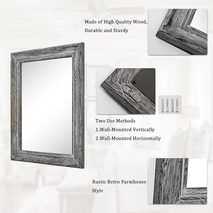 Large Rustic Wall Mirror with Wood Frame Farmhouse Rectangle Mirrors 26"x18" Decorative for Bathroom Bedroom Living Room Home Entryway