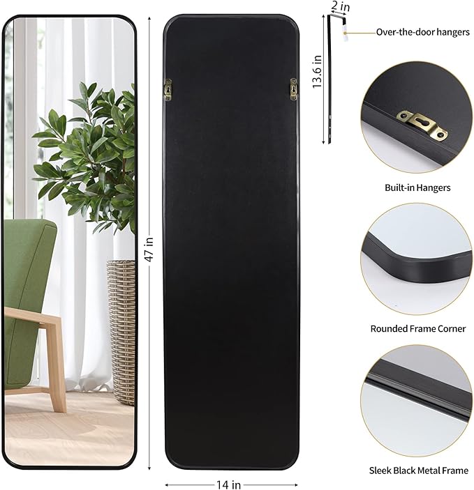 Giftgarden 47”x14” Black Full Length Mirror Aluminum Alloy Framed, Sleek Long Full-Body Metal Tall Mirror Wall Mounted or Hang Over The Door for Bedroom Bathroom Closet