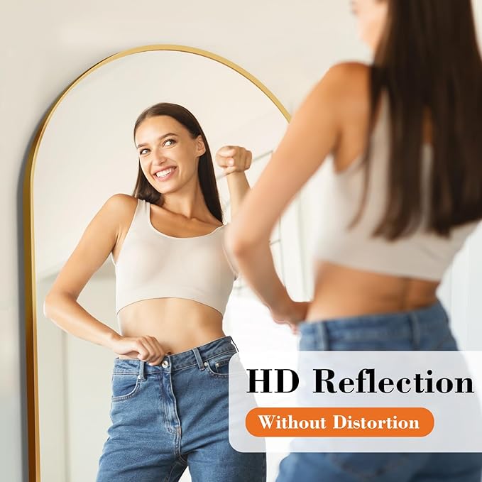 DUMOS Arched Full Length Mirror with Stand Floor Standing Aluminum Frame for Bedroom Body Hanging Leaning Modern Simple Home Decor Shatter-Proorf Nano Glass Wall Living Room Cloakroom Gold 59"x16"