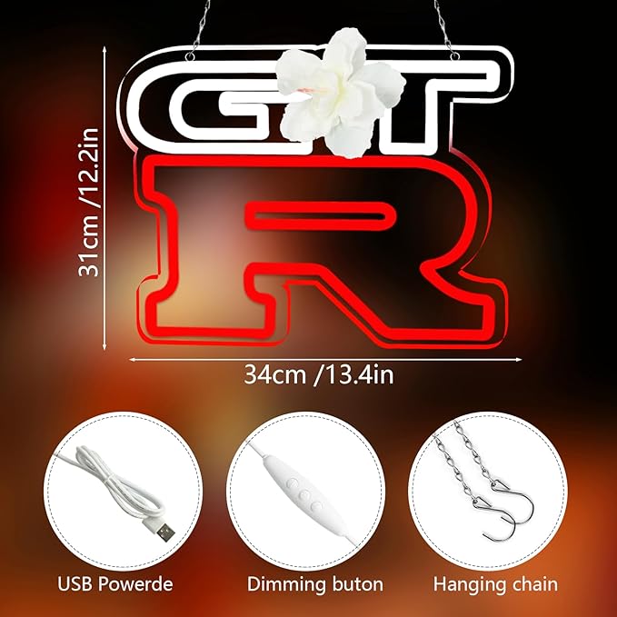JFLLamp G.T.R Car Neon Signs for Wall Decor Neon Lights for Business Led Signs Suitable for Man Cave Restaurant Office Bar Pub Led Art 5V Power Adapter