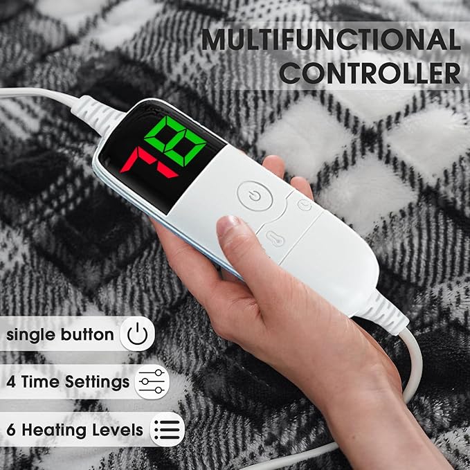 OCTROT Heated Electric Blanket Queen Size, 84X90 Heating Blanket Queen with Dual Control&10 Heats Levels&Timer for Bed,Black Plaid Sherpa Large Blankets Warmer Gift for Grandma Women Adults, Washable