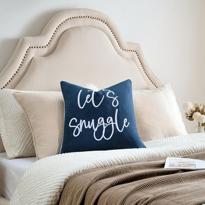 Sunkifover Let's Snuggle DecorativeThrow Pillow Cover - 18" x 18" Blue and White Cotton Embroidery Square Throw Pillowcase for Bed, Bedroom, Living Room, Home Decor