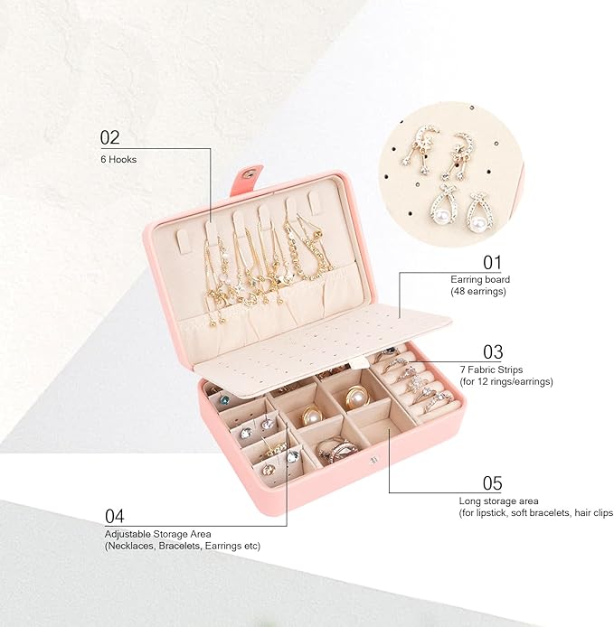 Travel Jewelry Organizer Box with Compartments, Small Jewelry Case with Necklace Hooks Ring Slots and Removable Dividers for Storage and Organization